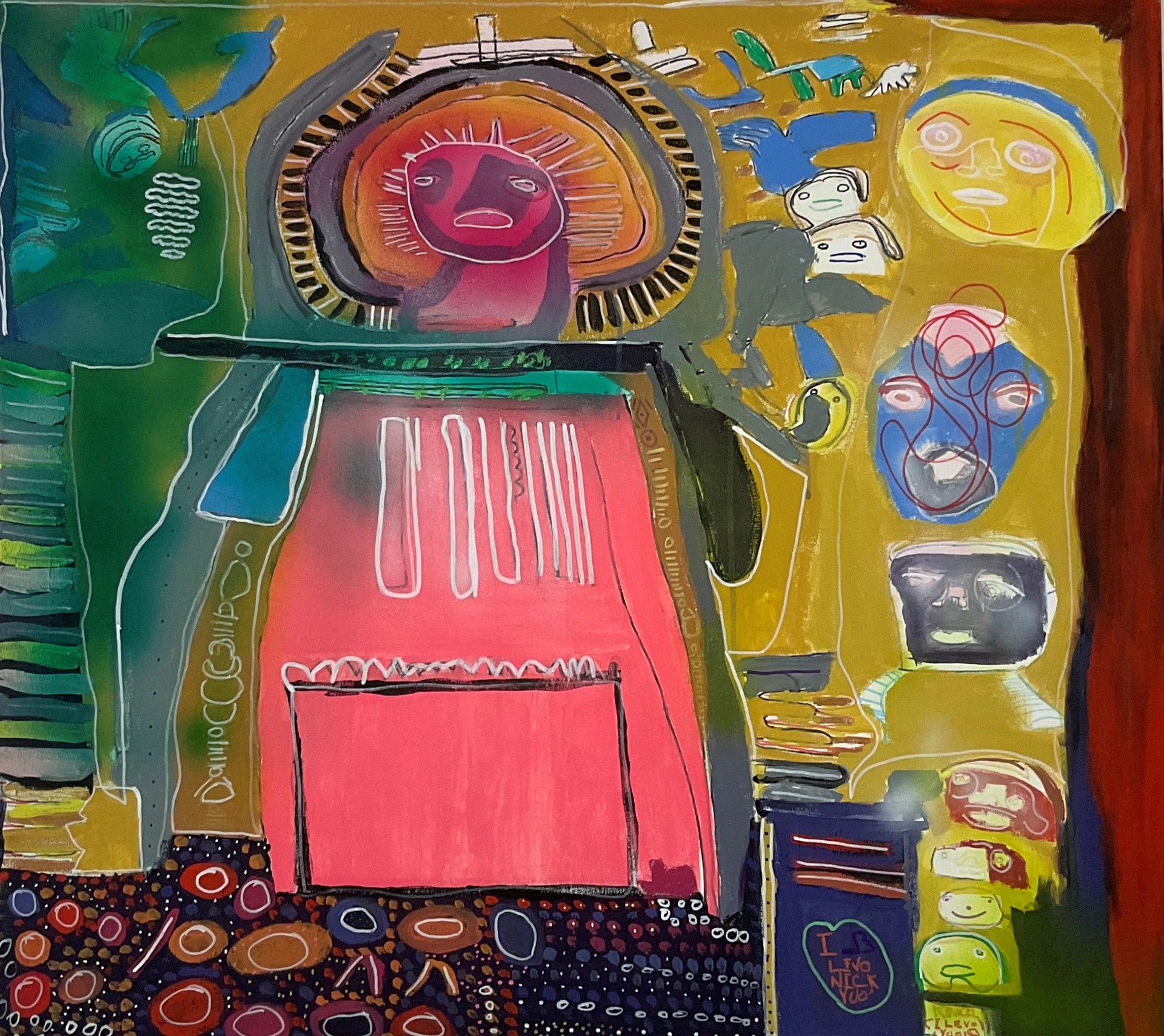 Inspired by the Beatles, this piece is described as “happiness and patterns for George Harrision.” Layers of colorful acrylics and airbrushing techniques combine to form the figurative presence of the classic Madonna and child in a cool coral, with featured members of the Beatles. On the left there is a column of large faces in yellow, blue, and black. Smaller face shapes in red, white and yellow continue down. Below the Madonna figure there are dark small circles in muted navy, red, black, and orange.