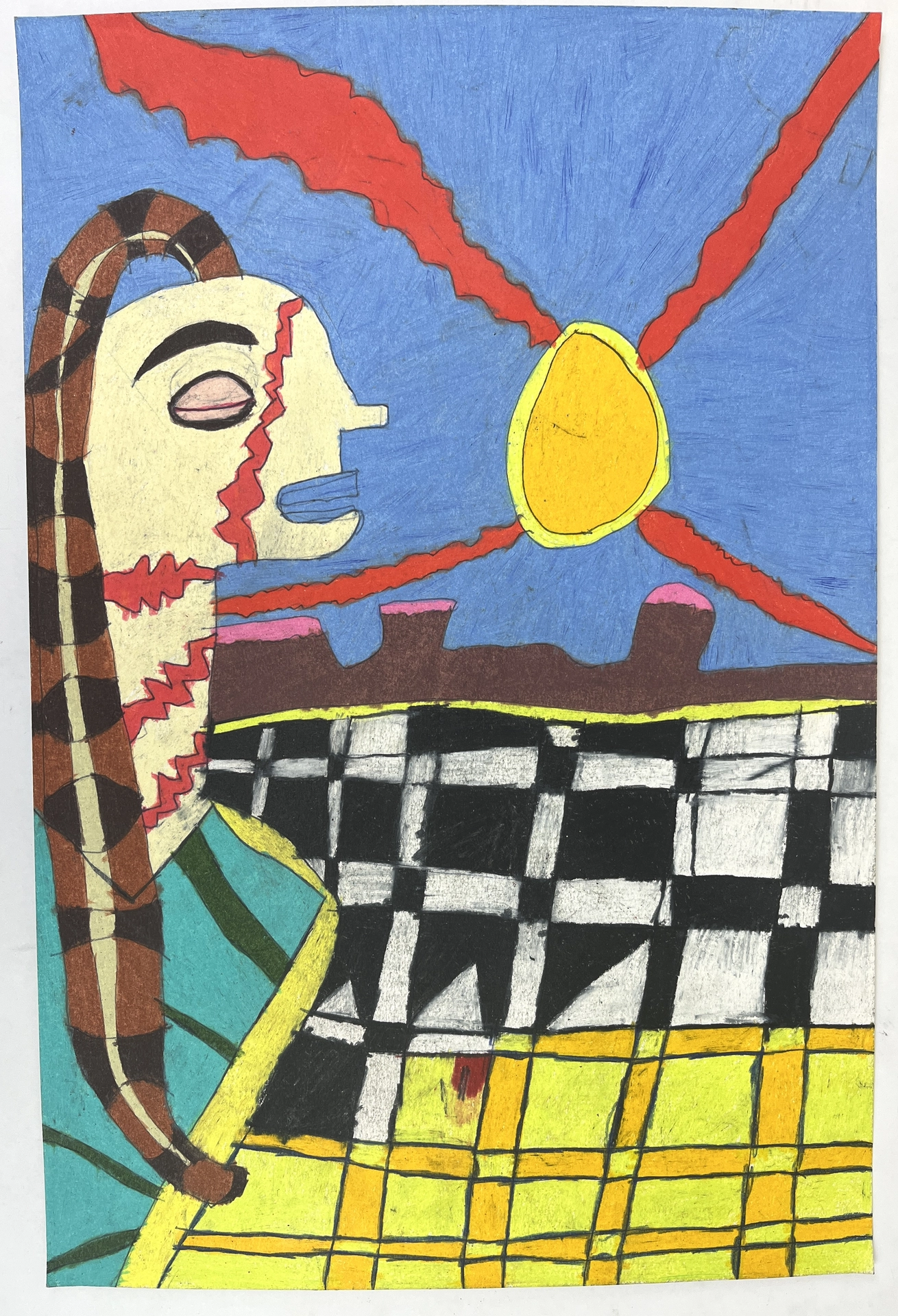 This image, stylized and rendered in smooth and saturated colored pencil, features the profile of a figure, eyes closed, mouth open, skin banded with crooked red markings, long snake-like hair, facing the rest of the scene: a broad, patterned plane, with mountains on the horizon, and a large yellow sun that radiates red bolts through a calm blue sky.