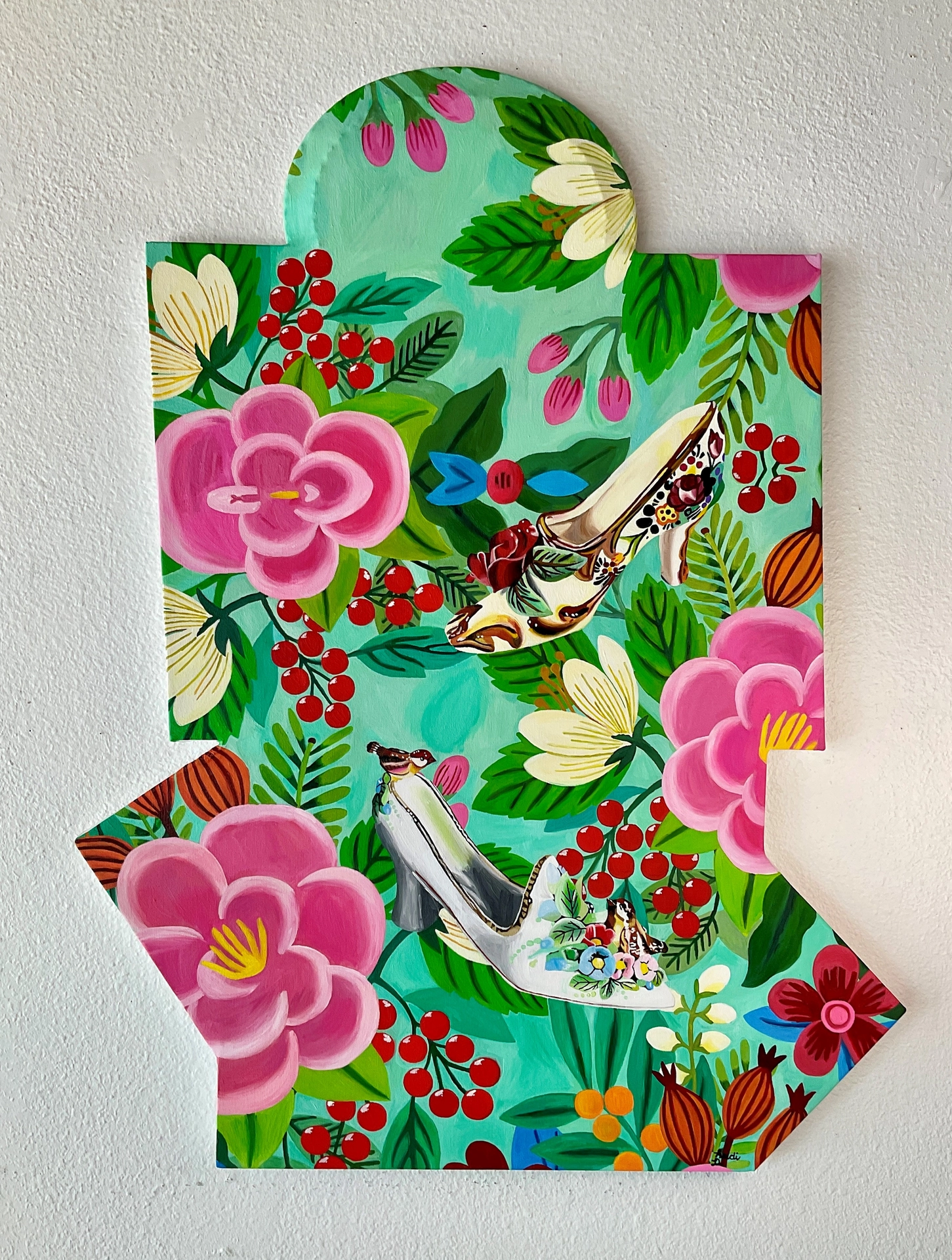 On a custom made canvas in a jigsaw puzzle shape a collage of images of heeled embroidered slippers, florals, and greenery from fashion magazines are compiled into a fluid, floral arrangement in a potent, vibrant, and feminine color scheme inspired by fashion print.