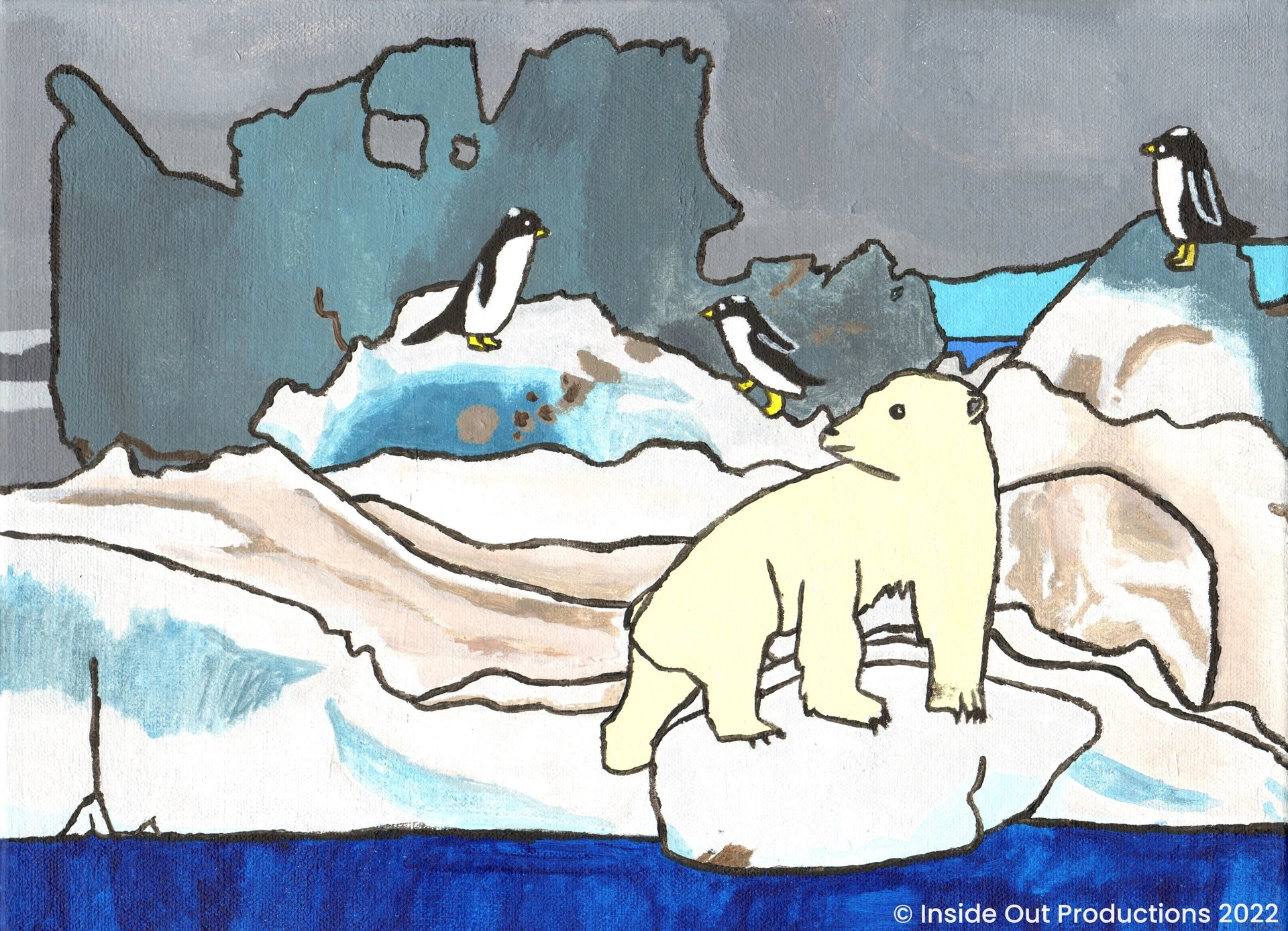 In Antarctica amidst the glacier mountains there are polar bears and penguins. The animals are chilling on the ice. The texture of the ice is painted in white, blue, and beige.