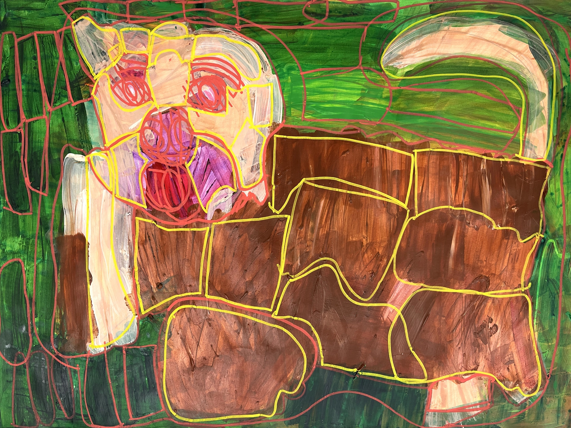 A stylized dog thickly painted in brown, tan, and magenta strokes, with multiple areas outlined in a relatively thin and consistent line of yellow and pink paint pen. The green background has been similarly treated, with thick passages and lined strokes, giving the image both a looseness and delineation, movement and stability.